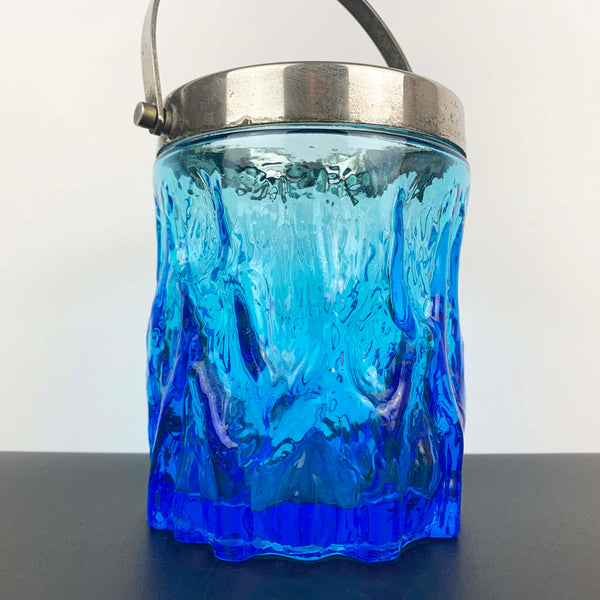 Blue ice/bark glass ice bucket with silver handle