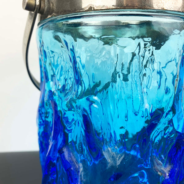 Blue ice/bark glass ice bucket with silver handle