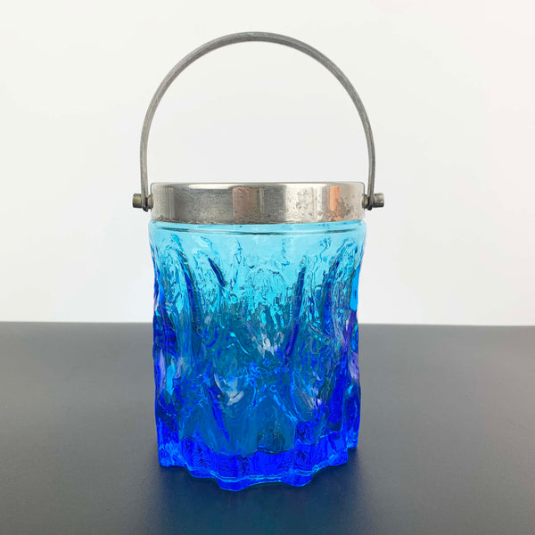 Blue ice/bark glass ice bucket with silver handle