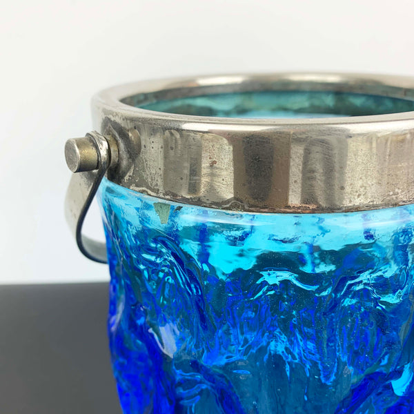 Blue ice/bark glass ice bucket with silver handle