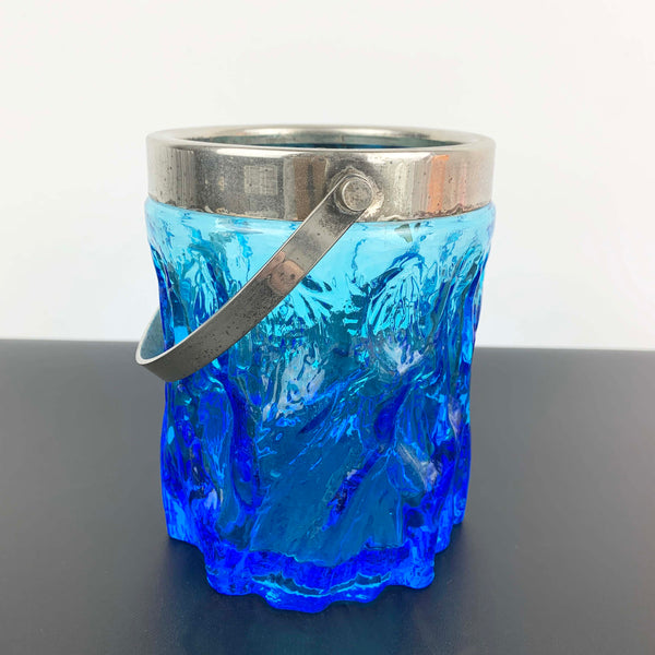 Blue ice/bark glass ice bucket with silver handle