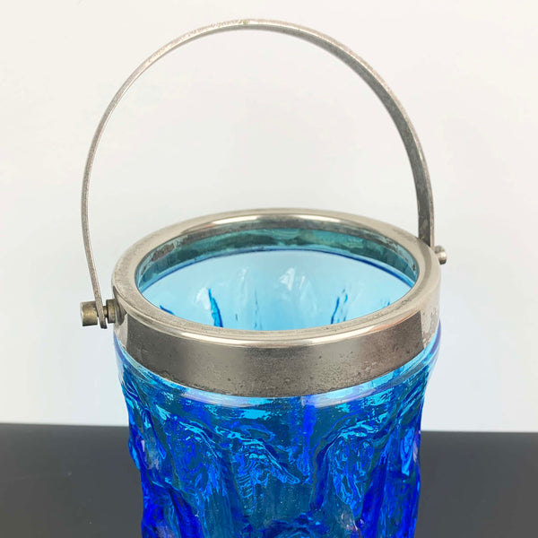 Blue ice/bark glass ice bucket with silver handle