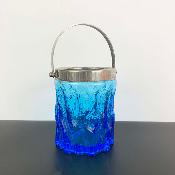 Blue ice/bark glass ice bucket with silver handle