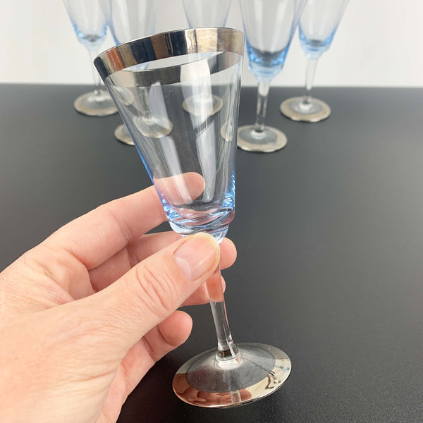 Blue silver rimmed liqueur or aperitif glasses - Set of 6