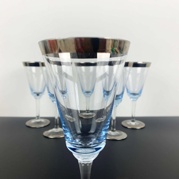 Blue silver rimmed liqueur or aperitif glasses - Set of 6