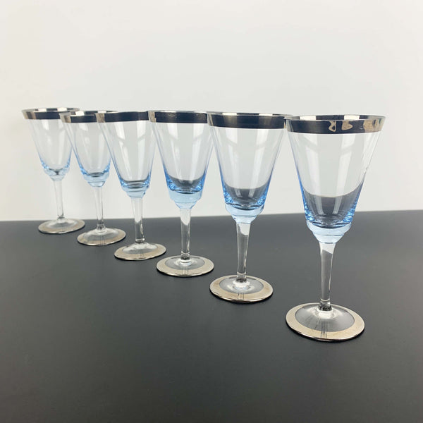 Blue silver rimmed liqueur or aperitif glasses - Set of 6