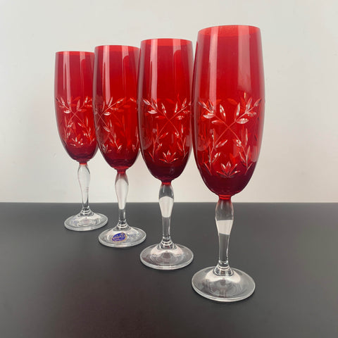 Bohemia Red Cut Crystal Champagne Flute - Set of 4