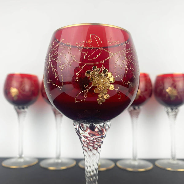 Bohemia Rare Ruby and Gold Wine Glass wth gold grape detail