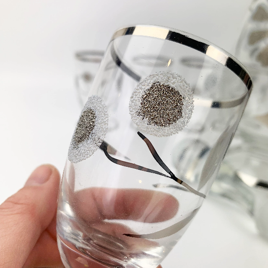 Silver flower detail on European liqueur glass