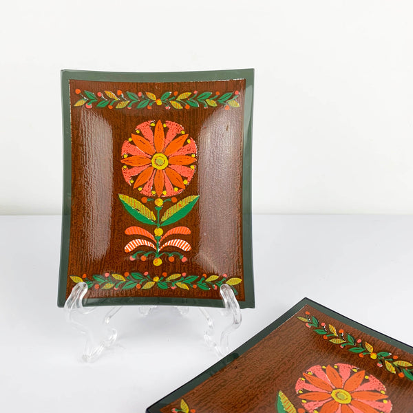 Hand painted bohemian glass mini plates on plate stand for display