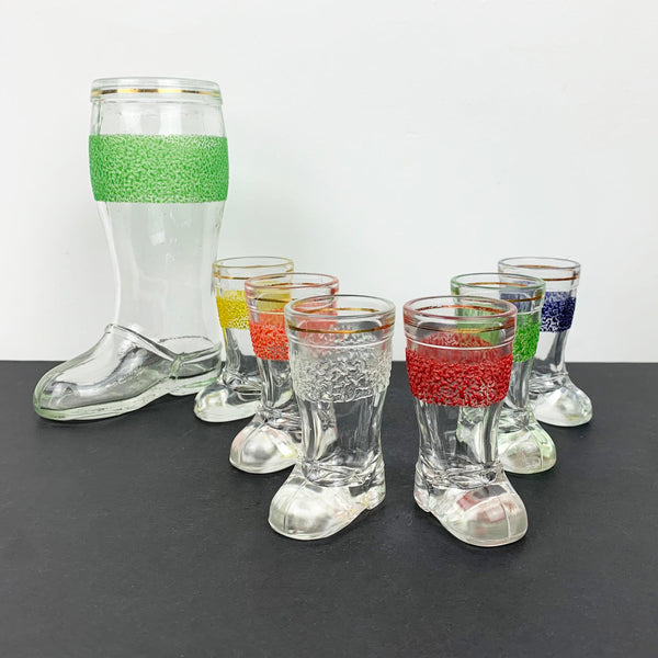 Colourful glass boot decanter and shot glass set