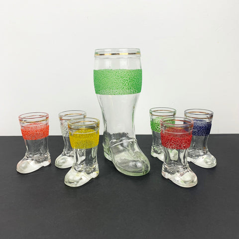 Italian glass boot decanter and shot glass set