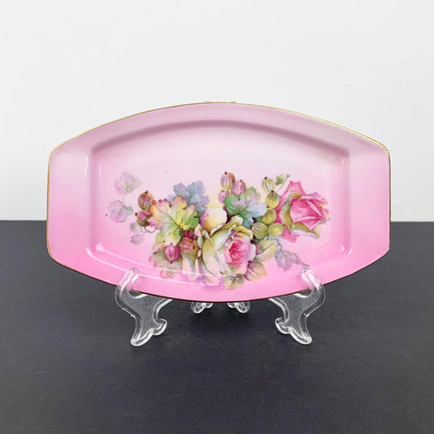 Leni Parbus hand painted 1940s pink floral trinket tray