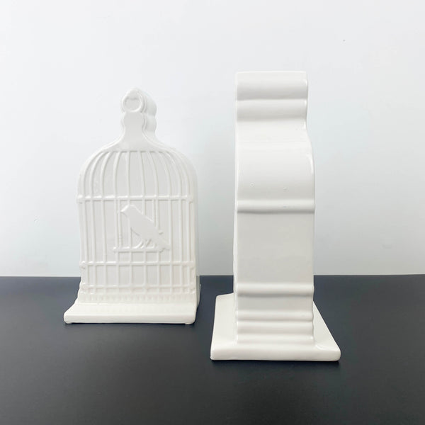 White ceramic birdcage bookends