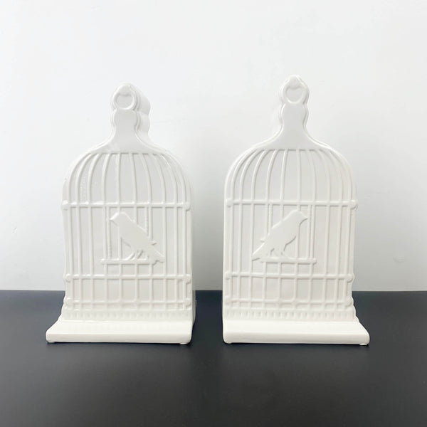 White ceramic birdcage bookends