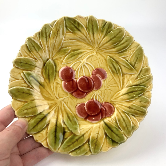 Sarreguemines Pottery Majolica Cherry Plate hand held