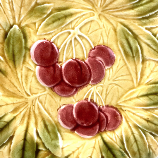 Sarreguemines Pottery Majolica Cherry Plate close up view of cherries