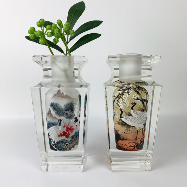 Chinese crystal reverse painted vases with stem display