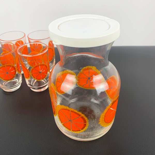 Crown Corning Citrus art glass juice carafe set with 4 glasses