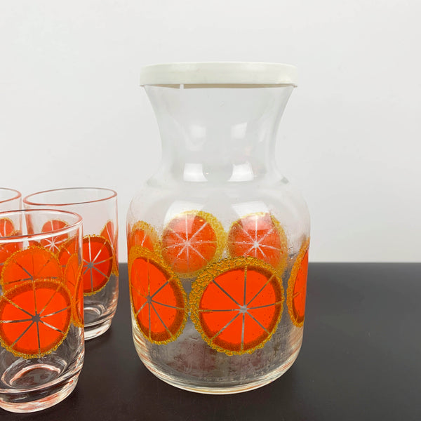 Crown Corning Citrus art glass juice carafe set with 4 glasses