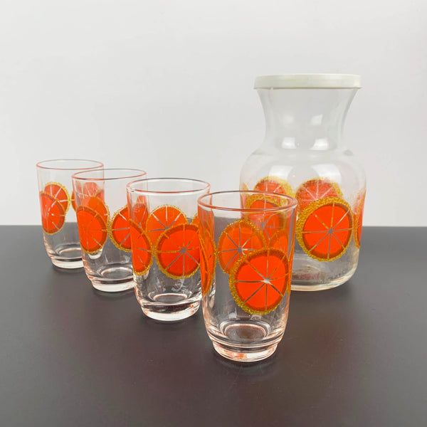 Crown Corning Citrus art glass juice carafe set with 4 glasses