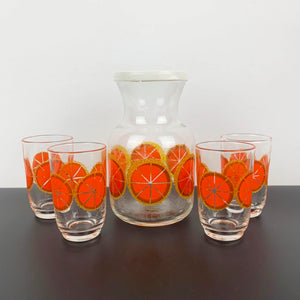 Crown Corning Citrus art glass juice carafe set with 4 glasses