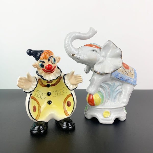 Circus clown trinket bowl with elephant figural money box - Set of 2