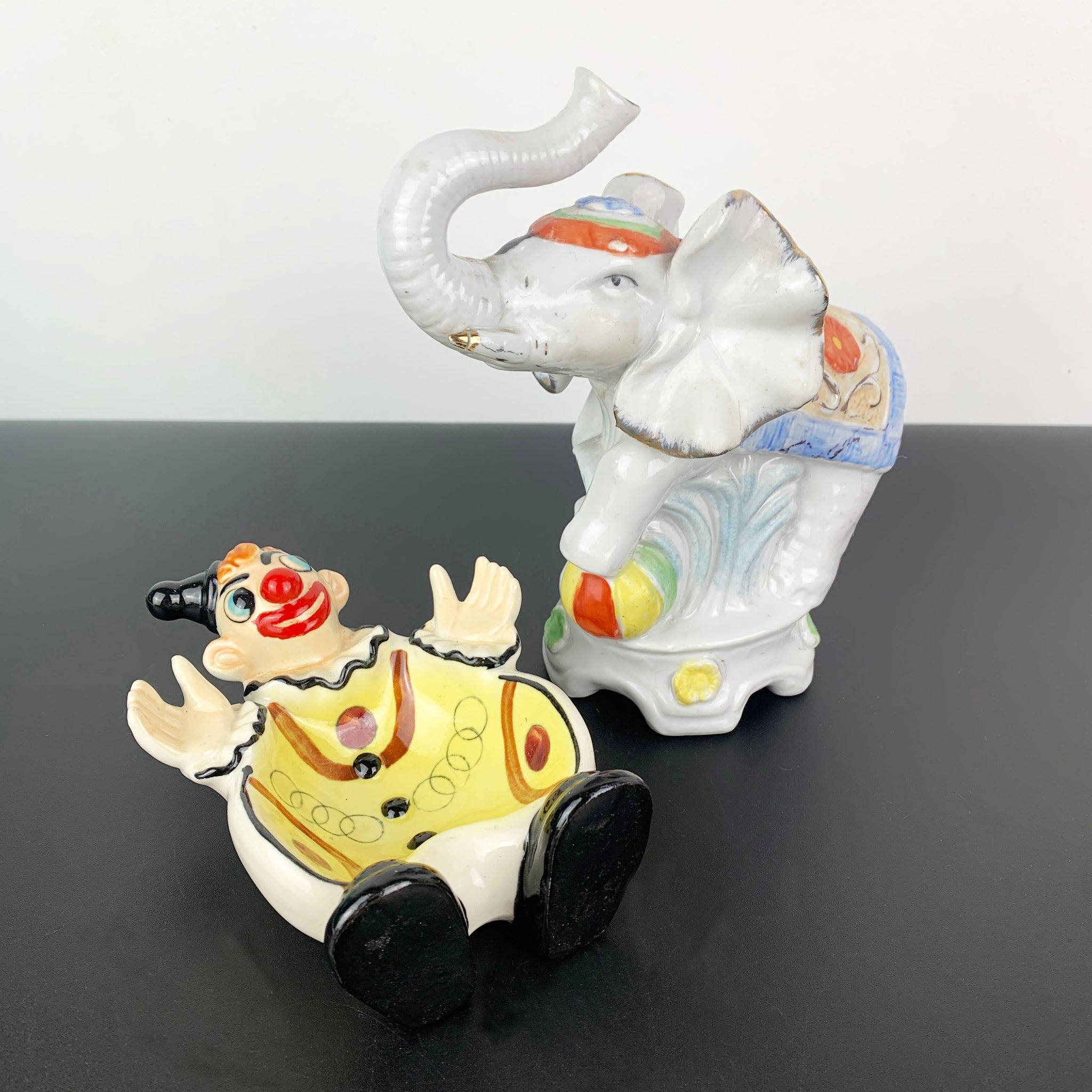 Circus clown trinket bowl with elephant figural money box - Set of 2