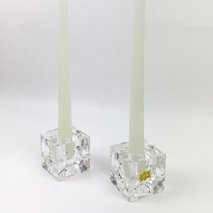 Pair of hand cut cube candle holders with dinner candles