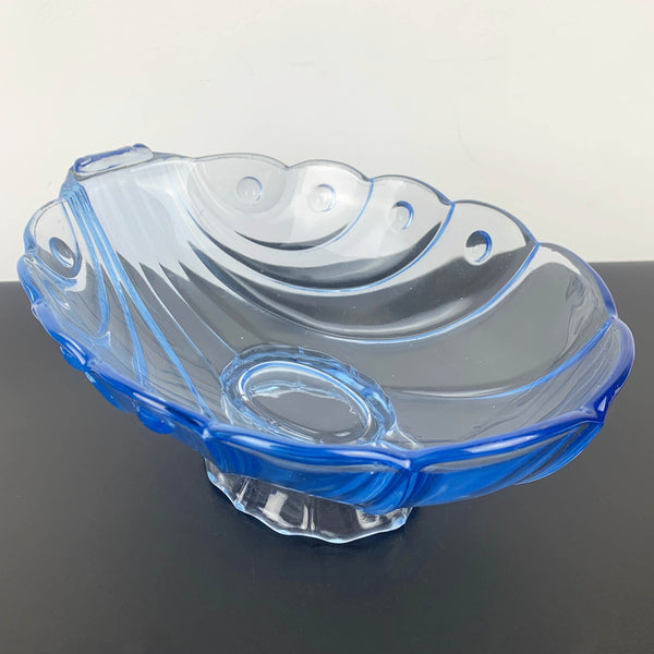 Stolzle rare blue depression glass footed shell bowl