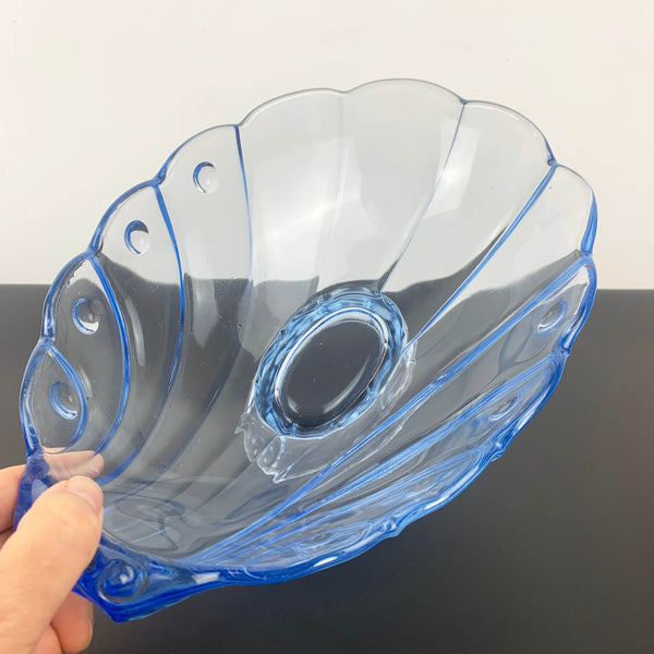 Stolzle rare blue depression glass footed shell bowl