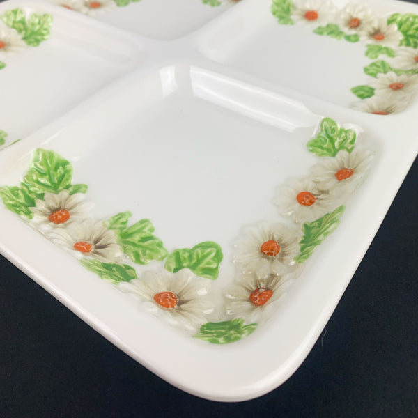 Ceramic divided platter with raised daisy pattern