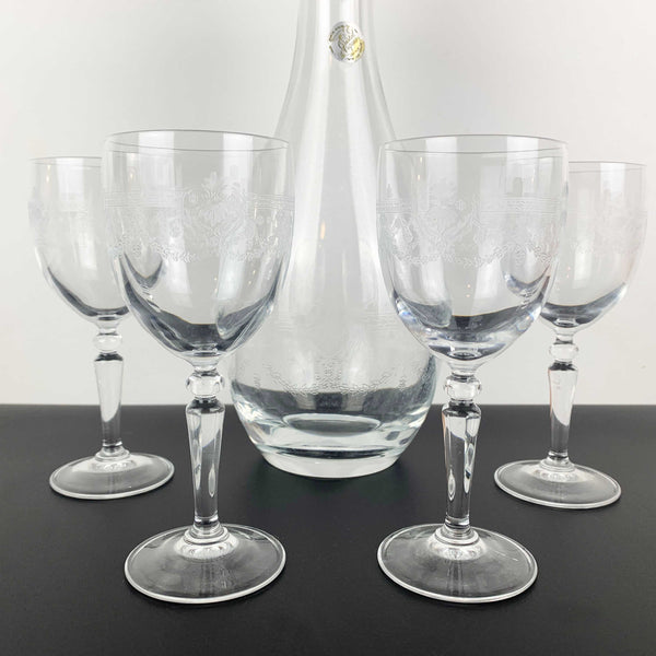 Cristal D'Arques 'Dampierre' Rare Etched Decanter Set with 4 Glasses