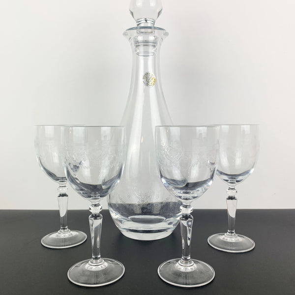 Cristal D'Arques 'Dampierre' Rare Etched Decanter Set with 4 Glasses