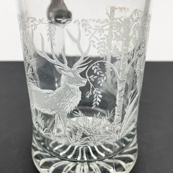 Etched glass deer scene on beer tankard