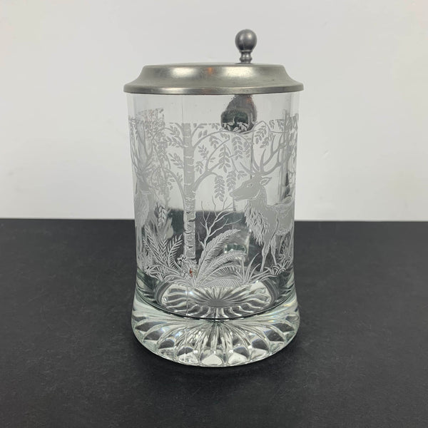 Etched glass beer tankard with lid