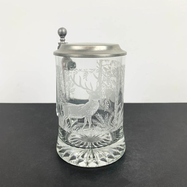 German deer hunting etched glass beer stein