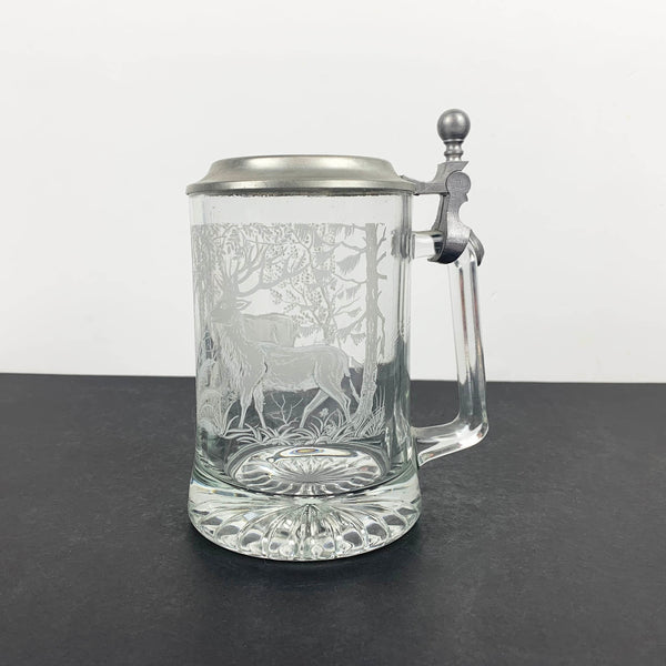 German deer hunting etched glass beer stein