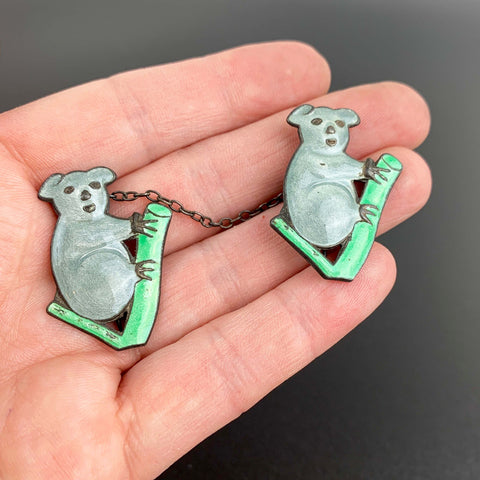 Rare silver and enamel art deco koala chatelaine pin