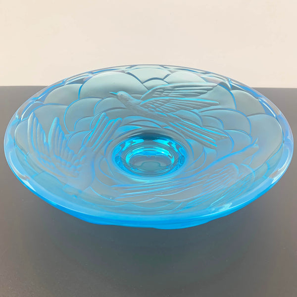 Art deco blue glass bowl and centrepiece with stylised birds design