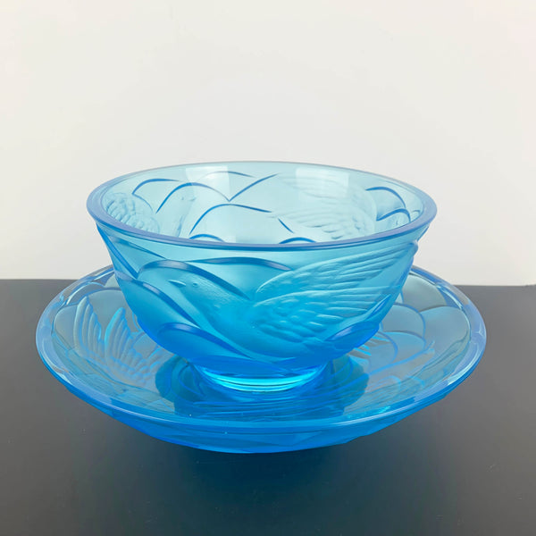 Art deco blue glass bowl and centrepiece with stylised birds design