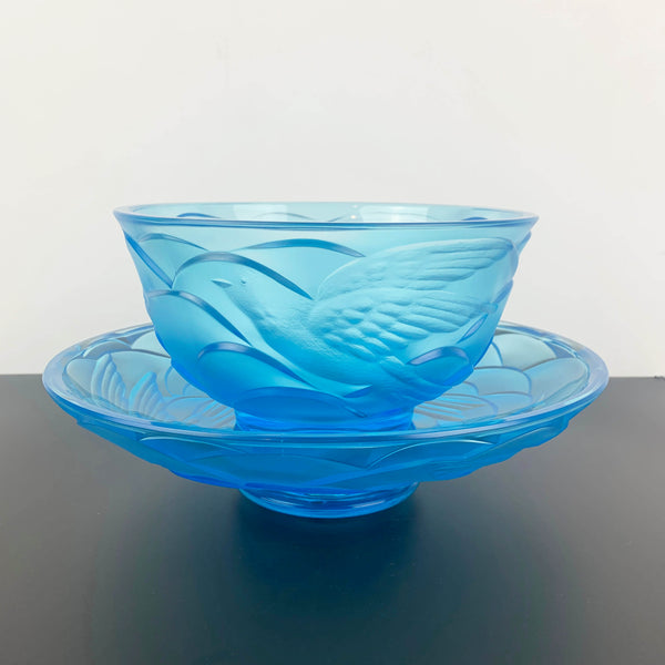 Art deco blue glass bowl and centrepiece with stylised birds design