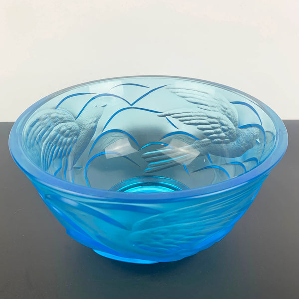 Art deco blue glass bowl and centrepiece with stylised birds design