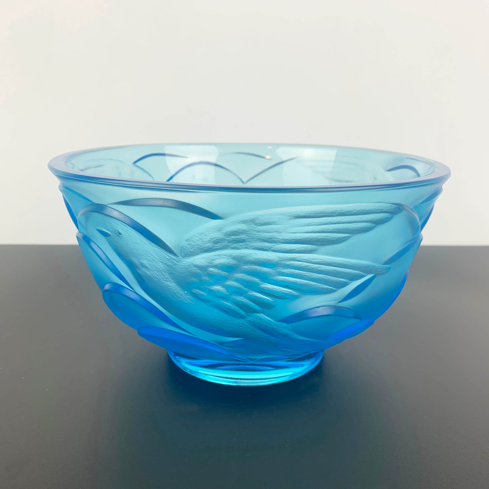 Art deco blue glass bowl and centrepiece with stylised birds design