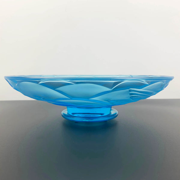 Art deco blue glass bowl and centrepiece with stylised birds design