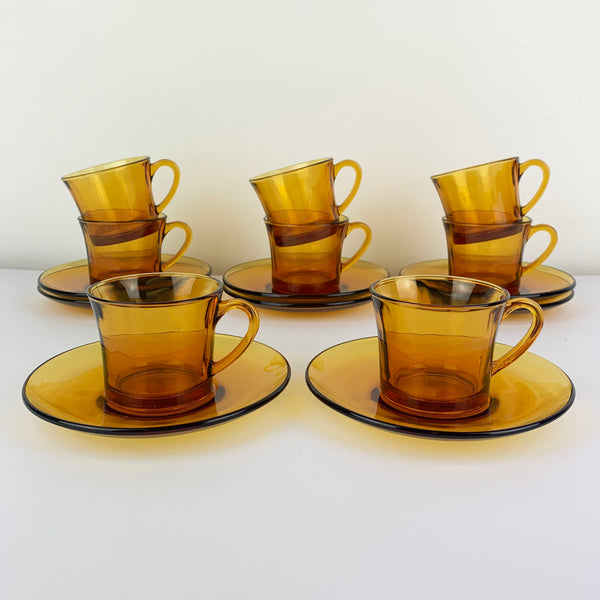 Set of 8 French demitasse cup and saucer in amber glass