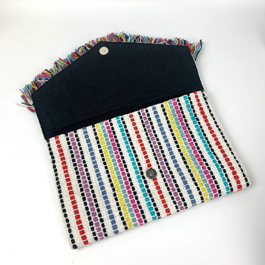 Embroidered cotton multi coloured clutch with front flap open