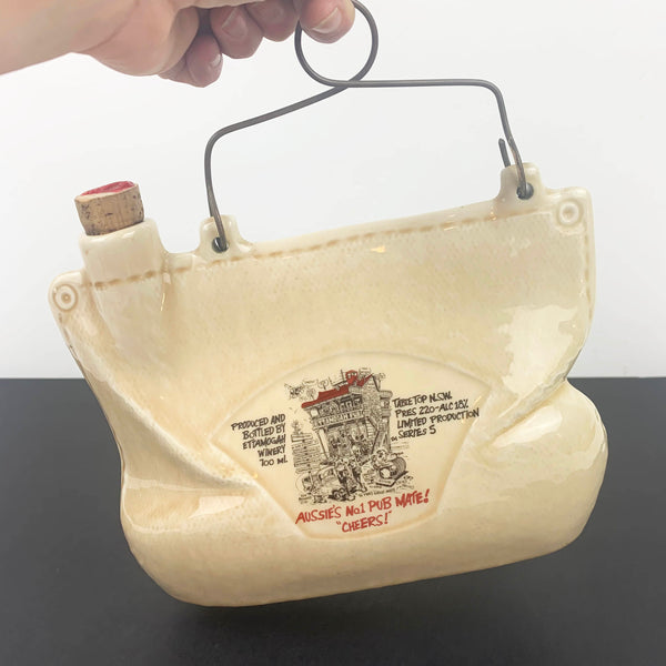 Ettamogah Pub 1980s collectible ceramic wine pouch decanter hand held