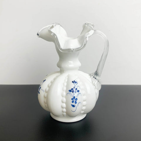 Fenton rare hand painted milk glass ruffle jug