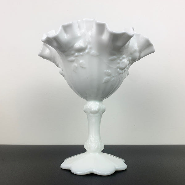 Fenton 'Cabbage Rose' milk glass ruffle edge compote